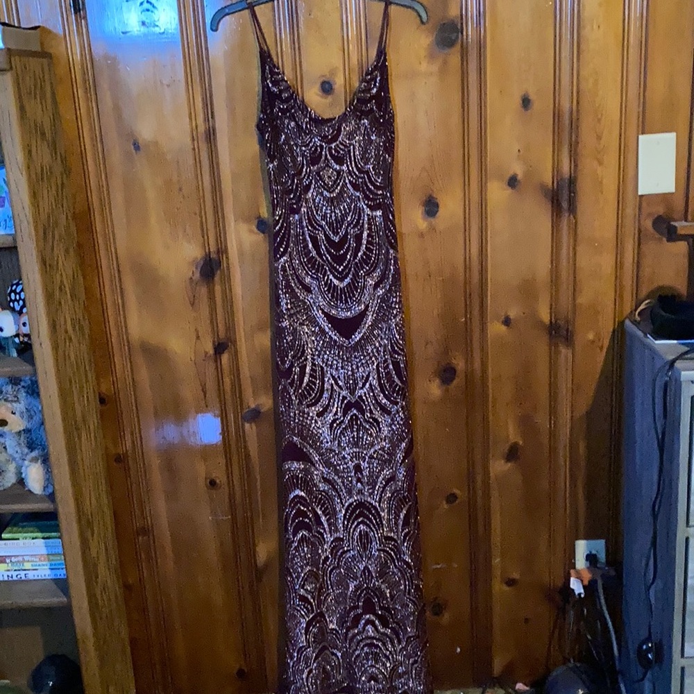 Burgundy Prom Dress with Gold Detailing